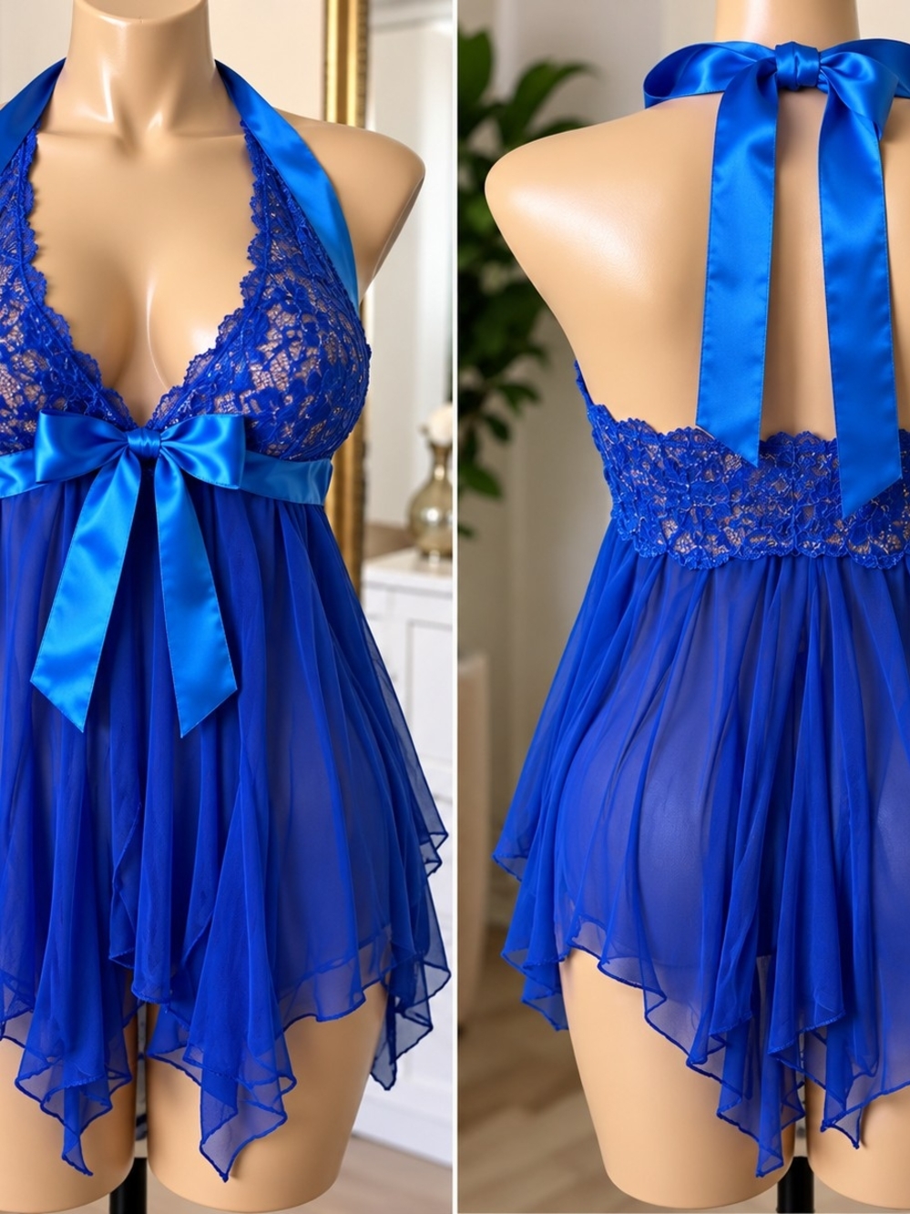 Sheer Royal Blue Lace Halter Babydoll with Satin Bow
